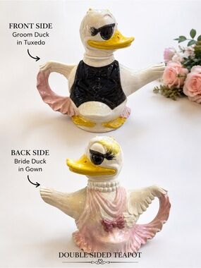 Vintage Double Sided Bride & Groom Duck Ceramic Teapot Wedding Novelty Rare